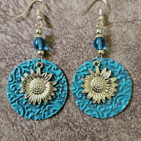 Othr Gold and Teal Floral Dangle Earrings - Picture 1 of 1
